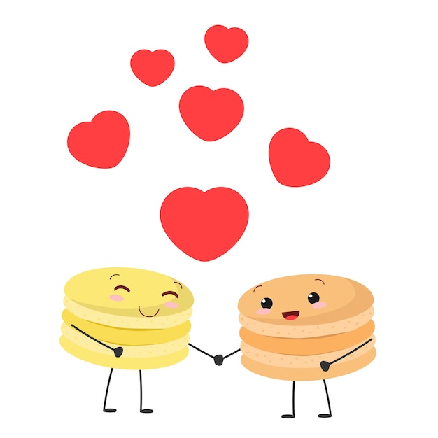 Paaren sie zwei macarons in der liebe. konzept zum valentinstag mit paarcharakter und herz. vektor