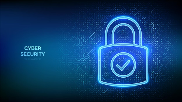 Padlock-Symbol Cybersicherheit und Datenschutzkonzept Padlock mit Markierungszeichen Ikon Netzwerksicherheit Informationen Privatsphäre Idee Leiterplatten Muster PCB gedruckte Schaltkreise Textur Vektor-Illustration