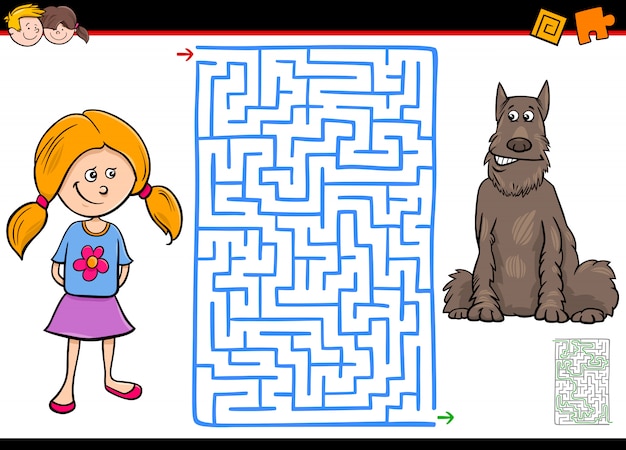 Pädagogisches labyrinthspiel für kinder mit mädchen und hund