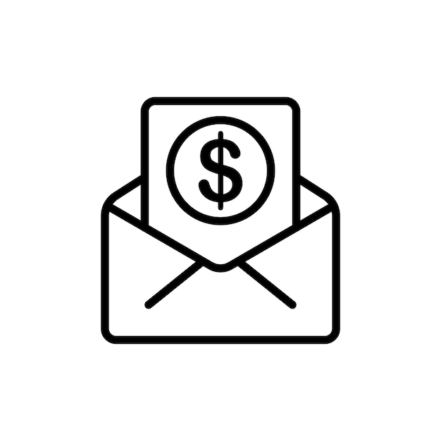 Paid mail line icon briefumschlag dollar münze adressat absender korrespondenz briefe nachricht senden kommunikationskonzept vektor schwarzes liniensymbol auf weißem hintergrund