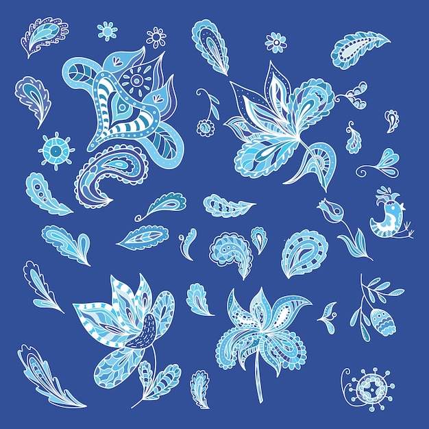 Paisley- und Blumenornamente für Einladungskarten-Plakatdesign im Skizzengekritzelstil auf blauem Hintergrund