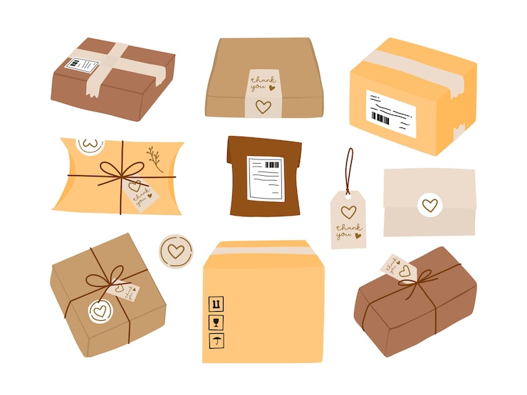 Vektor paketversandbox und umweltfreundliche geschenkverpackung mit etikettenaufkleber und dankeskartensammlung.