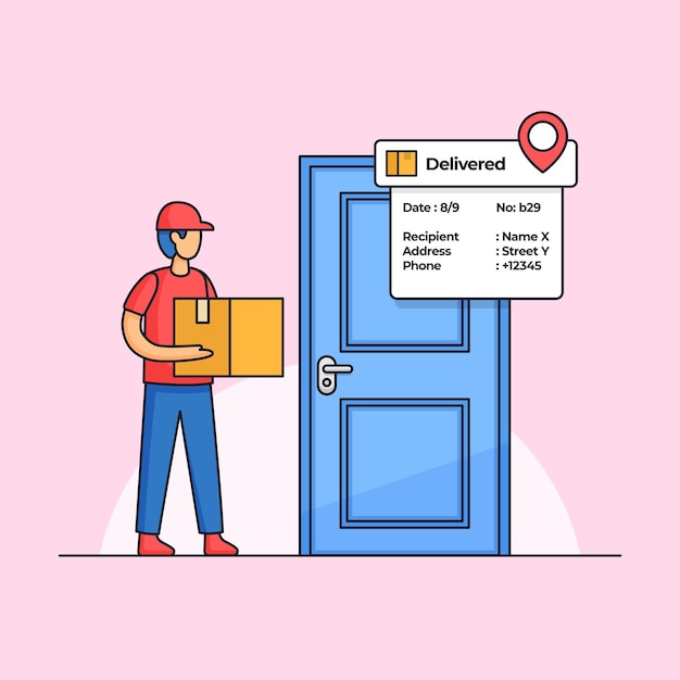 Paketzustellungskurier mit bestellbox kam an der vordertür des kunden an cartoon-illustration