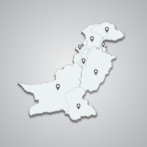 Pakistan 3d-kartendarstellung mit kartenstift auf isoliertem hintergrund