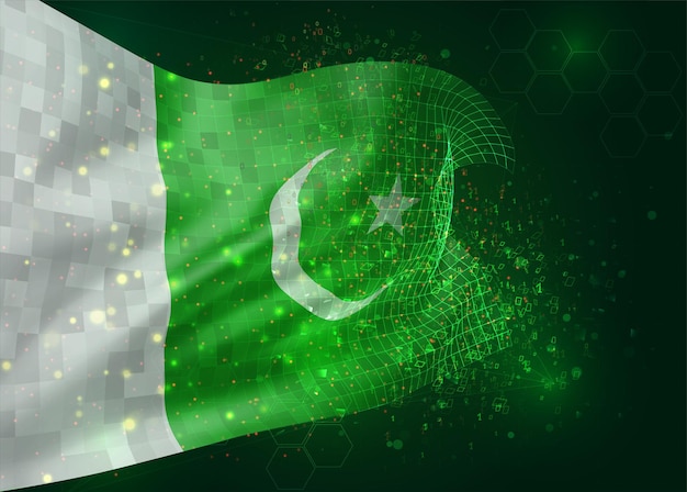 Pakistan, auf Vektor-3D-Flagge auf grünem Hintergrund mit Polygonen und Datennummern