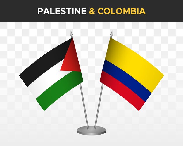 Palästina vs kolumbien schreibtischfahnen mockup isolierte 3d-vektorillustration palästinensische tischfahnen