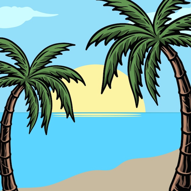 Vektor palm-vektor mit strandhintergrund-illustration