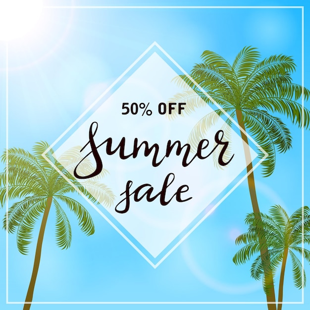 Palmen auf hintergrund des blauen himmels und text summer sale