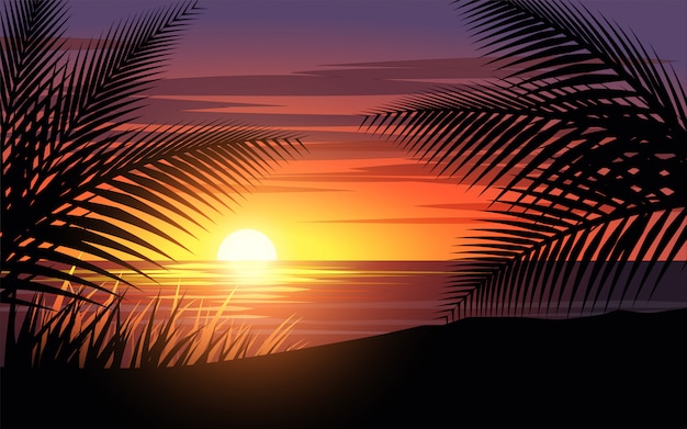 Vektor palmenschattenbild bei sonnenuntergang
