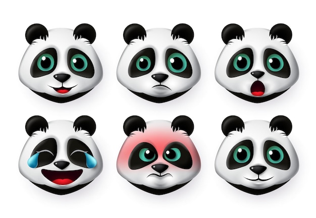 Vektor panda-emoji-vektorset großes, süßes panda-bärengesicht emoticon in wütenden und glücklichen emotionen für den charakter