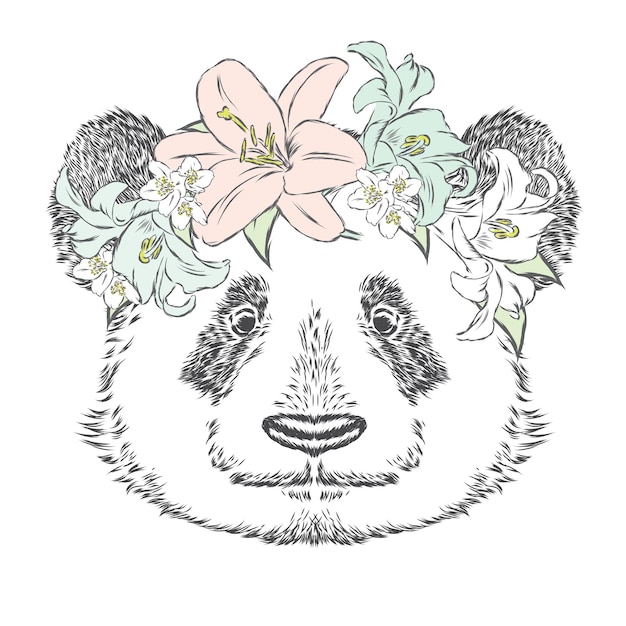 Panda in einem blumenkranz. vektor-illustration.