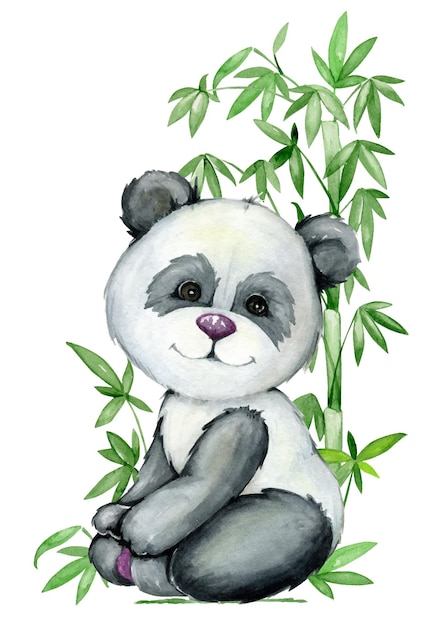 Vektor panda sitzt auf einem hintergrund aus bambus aquarell-cliparts im cartoon-stil, aber isolierter hintergrund