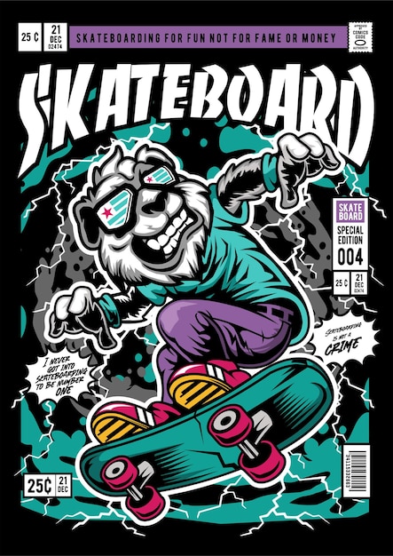 Panda skateboard comic cover illustration