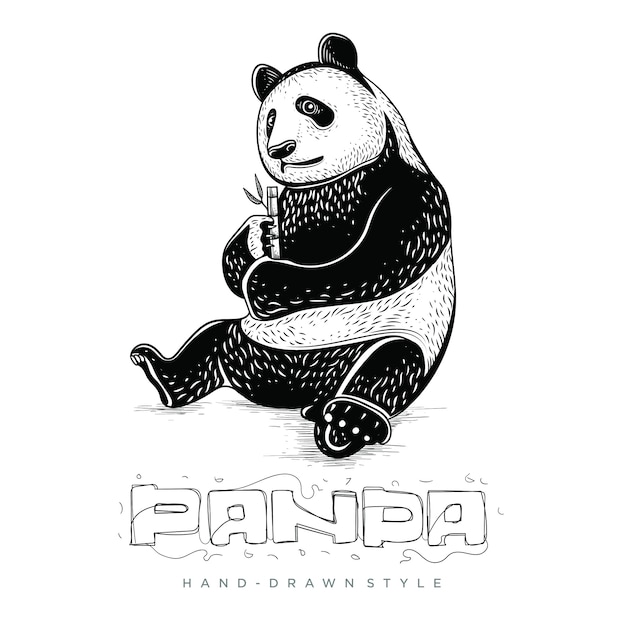 Pandas sitzen und essen bambus, handgezeichnete tierillustrationen