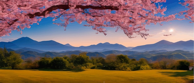 Panorama-Kirschblüte vor Hintergrundbergen und Himmel mit Wolkenvektorillustrationsfrühling