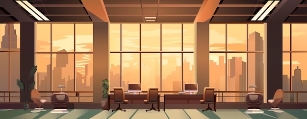Panoramablick auf das moderne loft-innenraum-heimbüro mit möbeln für unternehmerische oder freiberufliche arbeit
