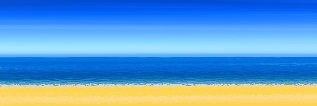 Panoramablick auf den Sandstrand des Meeres, Sommerhintergrund, blauer Himmel, Meer und gelber Sand