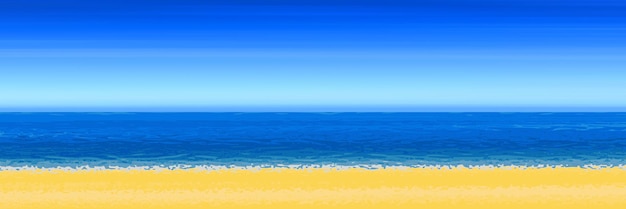 Vektor panoramablick auf den sandstrand des meeres, sommerhintergrund, blauer himmel, meer und gelber sand