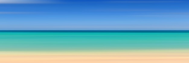 Panoramablick auf den Sandstrand des Meeres, unscharfer Sommerhintergrund, blauer Himmel, Meer und gelber Sand