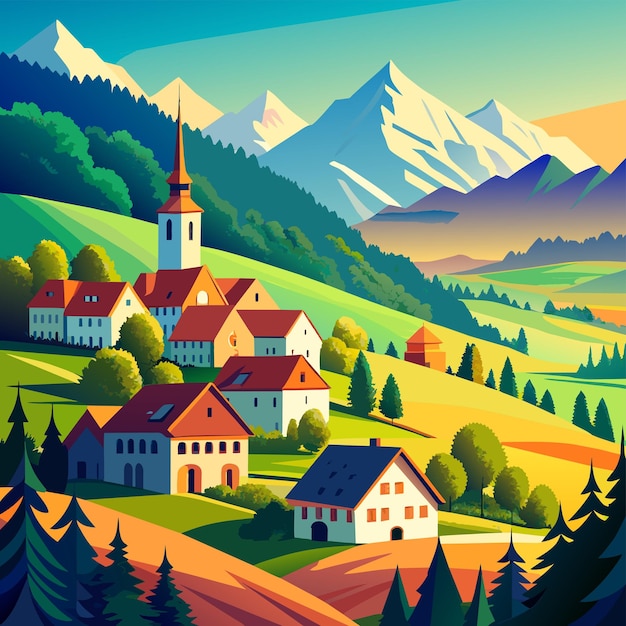 Vektor panoramablick auf die vektorillustration eines vorstädtischen dorfes