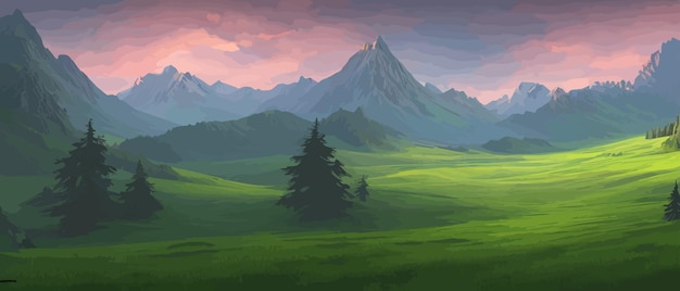 Vektor panoramablick auf große berge schöne grüne wiesen flache cartoon-landschaft mit natur sommer oder