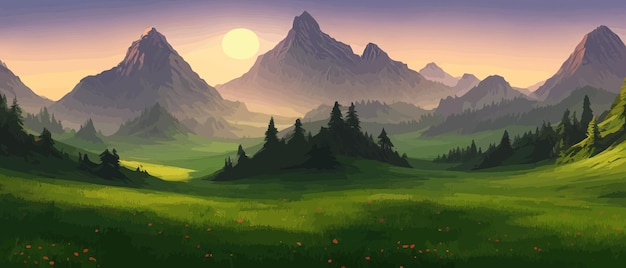 Vektor panoramablick auf große berge schöne grüne wiesen flache cartoon-landschaft mit natur sommer oder