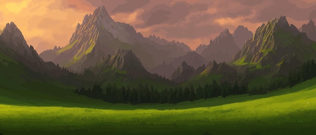 Vektor panoramablick auf große berge schöne grüne wiesen flache cartoon-landschaft mit natur sommer oder