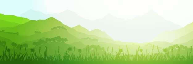 Panoramablick auf grüne Hügel und Berge an sonniger Morgenvektorillustration