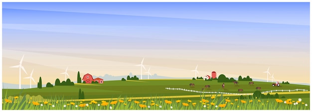 Panoramische vektorillustration der ländlichen landschaft mit bauernhaus, pferderanch und windkraftanlage im frühjahr. schönes flaches design des bauernhofes oder landwirtschaftlich mit mohnblume und wilder blume biohofkonzept