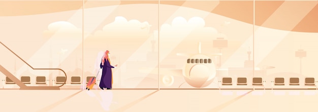 Panoramische Vektorillustration der moslemischen Frauenreise Moderne moslemische Dame im traditionellen Kostüm mit hijab reisen allein mit dem Flugzeug.