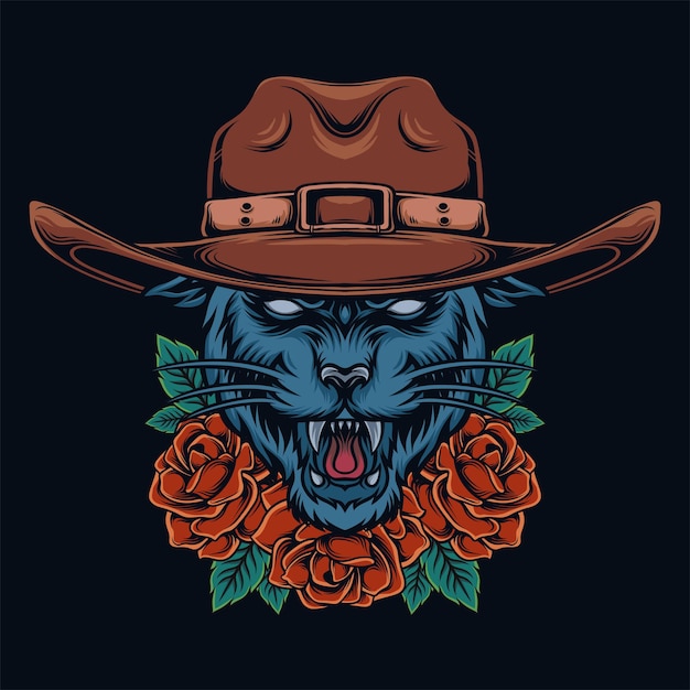 Vektor panther trägt einen cowboyhut mit einer rosenverzierung