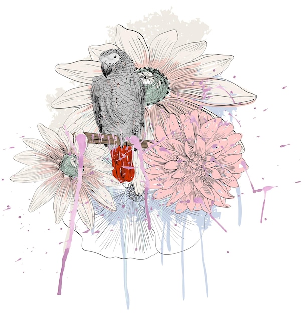 Papagei und Blumen