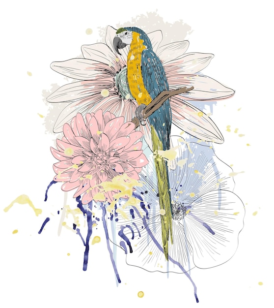 Papagei und Blumen