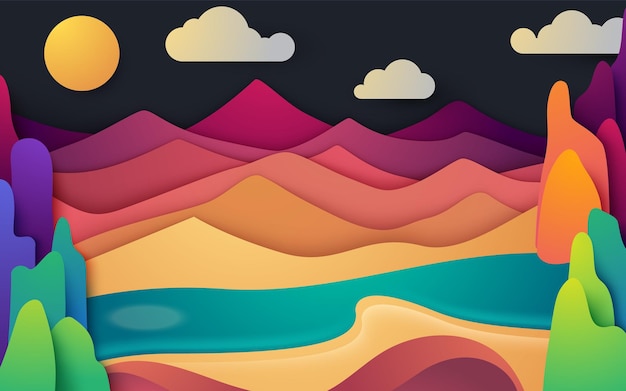 Papercut Hintergrund abstrakte Landschaft von Bergen, Hügeln und Tälern