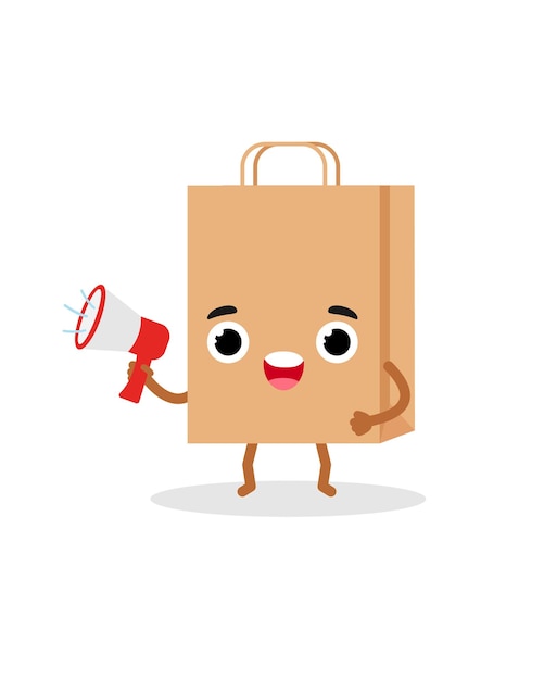 Papier-Einkaufstasche-Emotionen-Charakter mit einer Megaphon-Emoji-Vektorillustration