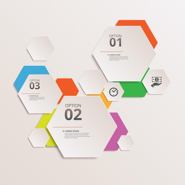 Papier-Infografik-Vorlage mit 3 sechseckigen Optionen zur Präsentation und Datenvisualisierung