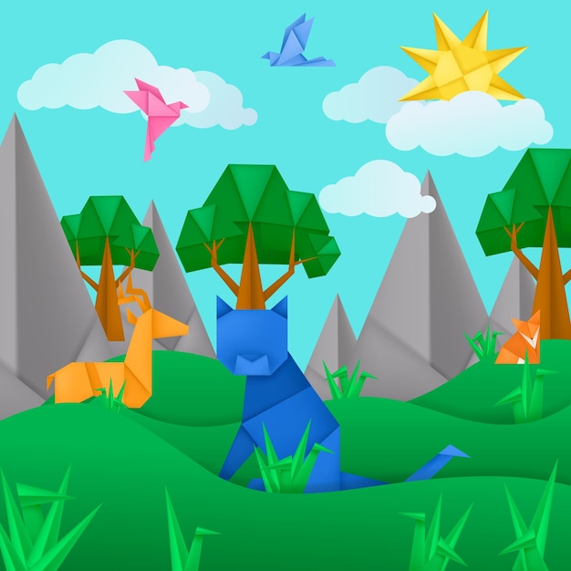 Papier-origami-tiere landschaft anwendung papierhintergrund