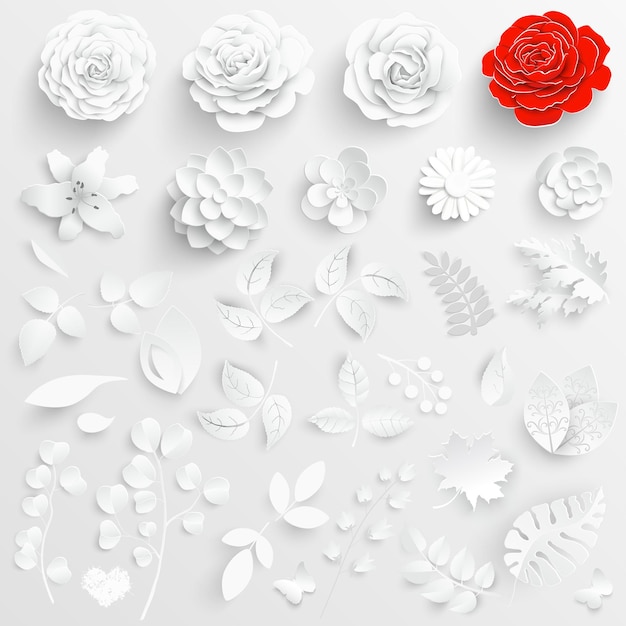 Vektor papierblume weiße rosen aus papier geschnitten dekorativer blumenstrauß isolierte florale gestaltungselemente set
