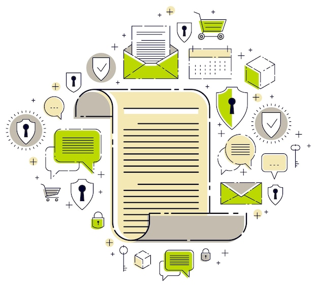 Vektor papierdokument mit icon-set, elektronischem dokumentationskonzept, datenspeicherung und -schutz, faq oder vertragsmitgliedschaftsvertrag und regeln, vektordesign.