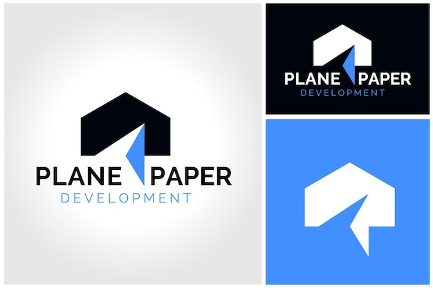 Papierflieger-pfeilzeiger mit home house building für immobilien-logo-design