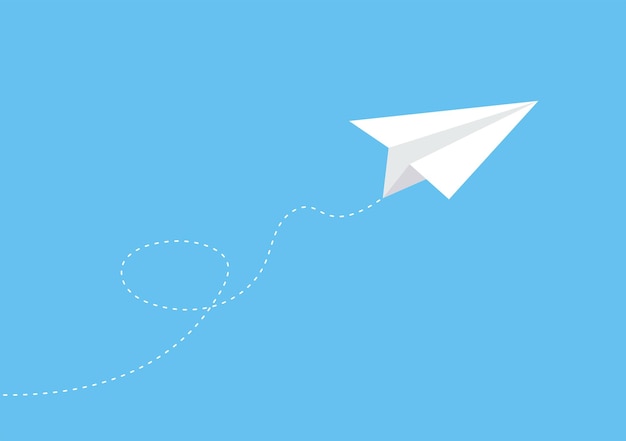 Vektor papierflieger-symbol mit gepunktetem pfad fliegendes flugzeug auf blauem hintergrund
