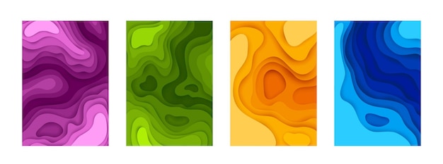 Papiergeschnittene plakate 3d-modell mit bunten formen sammlung minimales origami-banner farbverlauf und schatten- oder meerestiefeneffekt modernes webvorlagenset für vektorkartonhintergrund