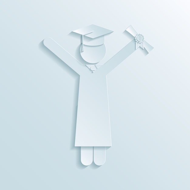 Papierikone des Absolventen im Abschlusskleid und im Mortarboard-Hut, der Diplom in der Luft hält, während Abschluss am Ende des College-Studiums feiert