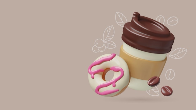 Papierkaffeebecher und Donut süß 3D-realistisches Essen und Getränke-Banner-Design mit Kopierplatz