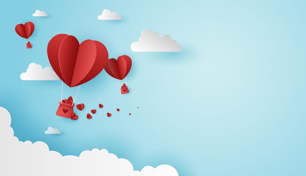 Papierkunst der Liebe und des Valentinstags mit Papierherzballon und Geschenkbox schweben am blauen Himmel