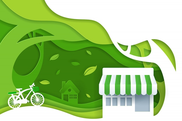 Papierkunst und digitaler Handwerksstil der Naturlandschaft mit Fahrrad, Convenience-Stores und grünem Öko-Wald, grünes umweltfreundliches Stadtkonzept.