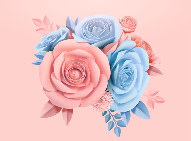 Papierrosen in der hellblauen und rosa, 3d illustration