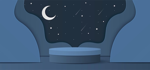 Papierschnitt des dunkelblauen Farbzylinderpodiums für die Präsentation von Produkten Nachtwolken und Mond mit Sternschnuppe für die Duschkarte für Babyjungen
