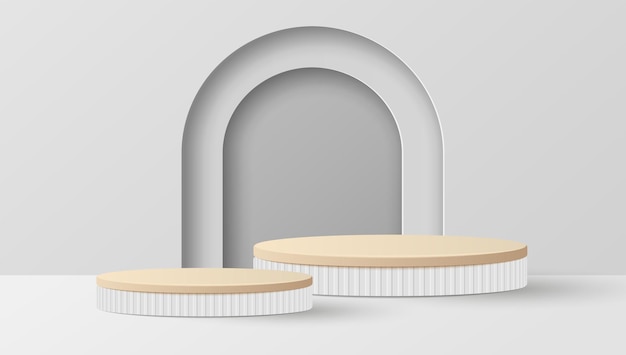 Papierschnitt einer minimalen Szene mit Holzzylinderpodium auf grauem Hintergrund Produktpräsentation Mock-up Show Kosmetik Vektor-Illustration