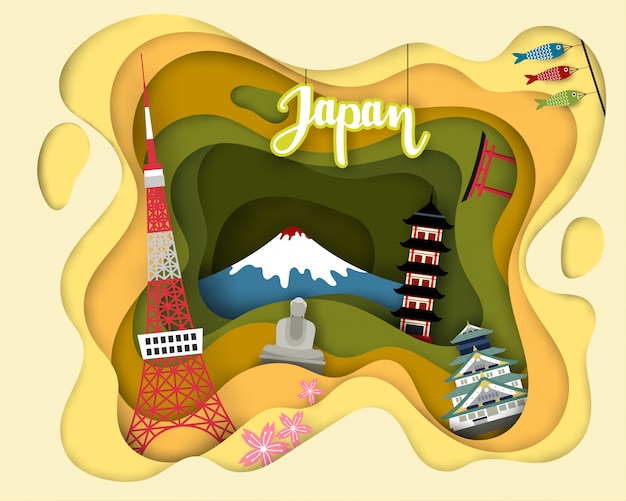 Papierschnittdesign der touristischen reise japan